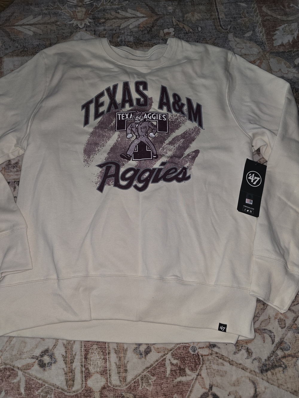 47 Brand Texas A&M Off-White Crewneck Sweatshirt with Maroon Graphics